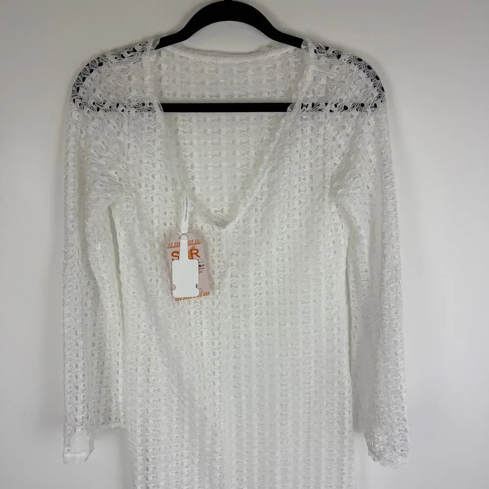 NWT Sunfere Womens Long Sleeve Open Knit Crochet Swimsuit White Cover-Up Dress - Picture 3 of 8
